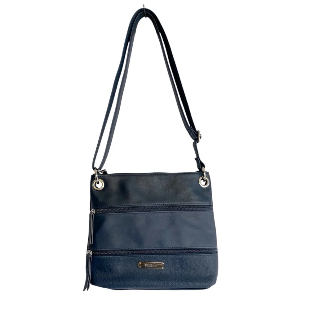 Rossetti Demi Crossbody Bag Navy Blue Faux Leather Triple Zip Adjustable Strap - Picture 1 of 12